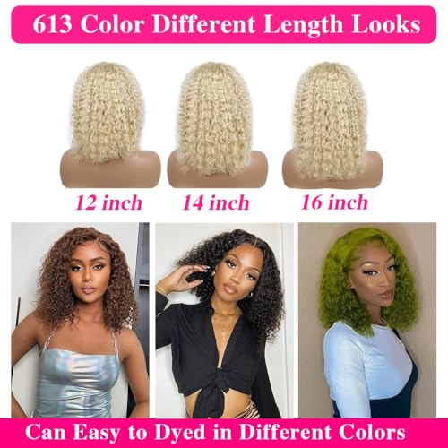 Blonde Bob Wig Human Hair 613 13x6 Lace Front Wig Human Hair Short Curly Bob Wigs for Black Woman Glueless Wigs Human Hair 613 Frontal Wigs Pre Plucked With Baby Hair180% Density (14 Inch)