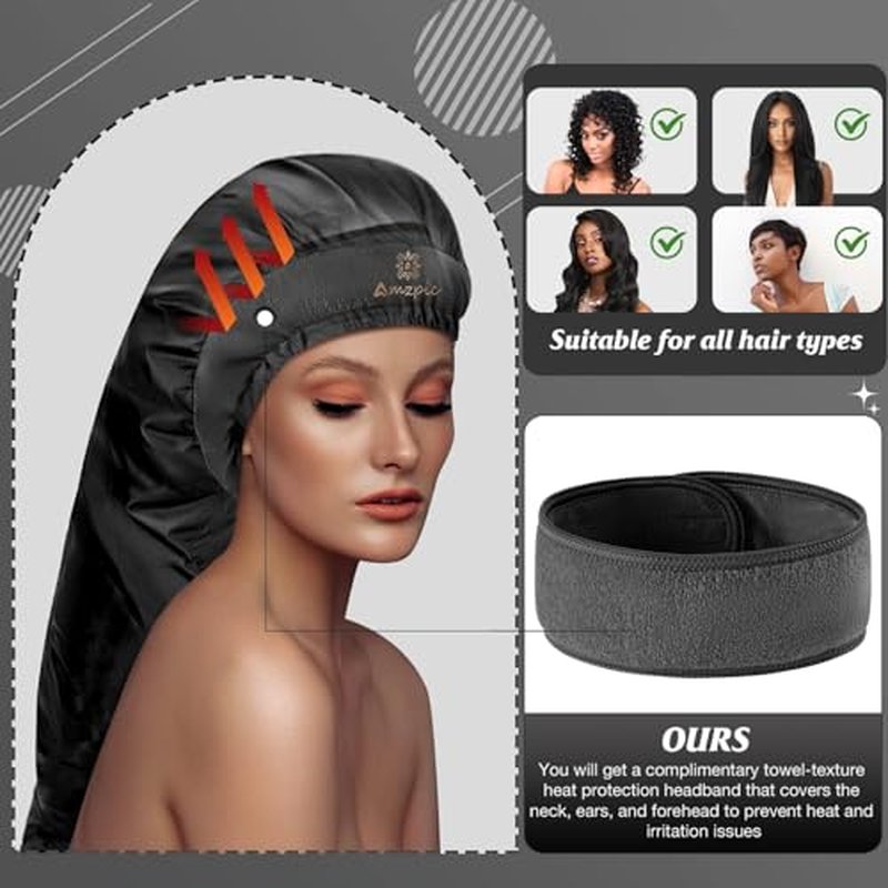 Bonnet Hair Dryer Attachment - Bonnet Hood Dryer with Headband That Reduces Heat Around Ears and Neck, Use for Hair Styling, Hair Drying, Curling and Deep Conditioning (Extended Version, Black)