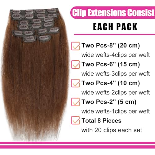 Brown Yaki Straight Clip ins for Black Women Full Head unprocessed Brazilian Remy Human Hair Extensions 22 Inch Seamless Clip ins Human Hair with 20Clips Double Weft 100g Natural Black