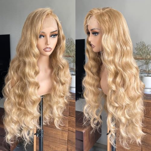 Honey Blonde 13x6 Lace Front Wig 32 Inch Loose Wave Brown Mixed Color Glueless Synthetic Pre Plucked for Black Women HD Lace 150% Density Long