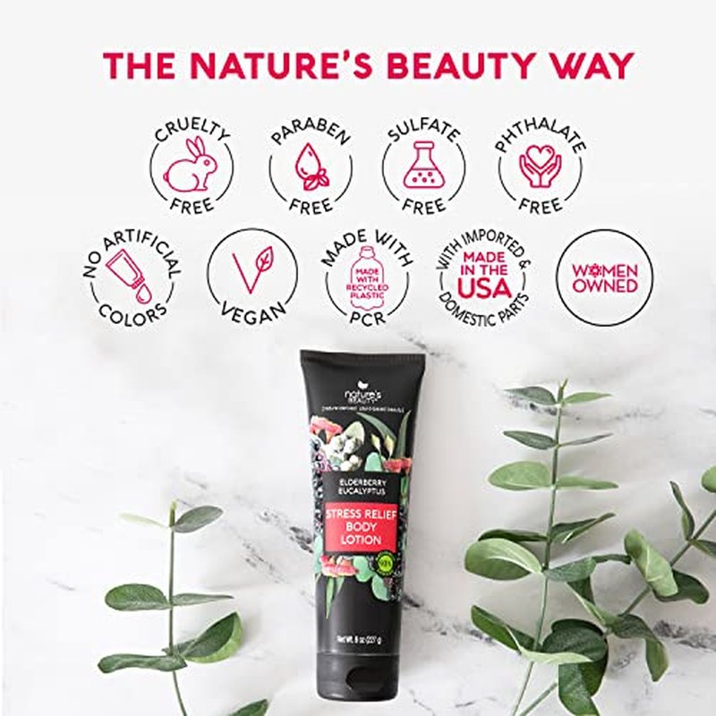 Nature's Beauty Elderberry Eucalyptus Stress Relief Body Lotion Multi-Pack - Lightweight, Non-Greasy Restore Moisturizer, Made w/Shea Butter, Avocado Oil and Sweet Almond Oil, 8 oz (2 Pack)