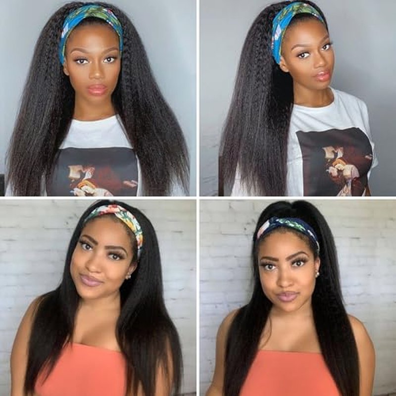 Kinky Straight Human Hair Headband Wigs 24 Inch Glueless None Lace Front Wigs Machine Made Virgin Kinky Straight Human Hair for Black Women 180% Density Natural Color