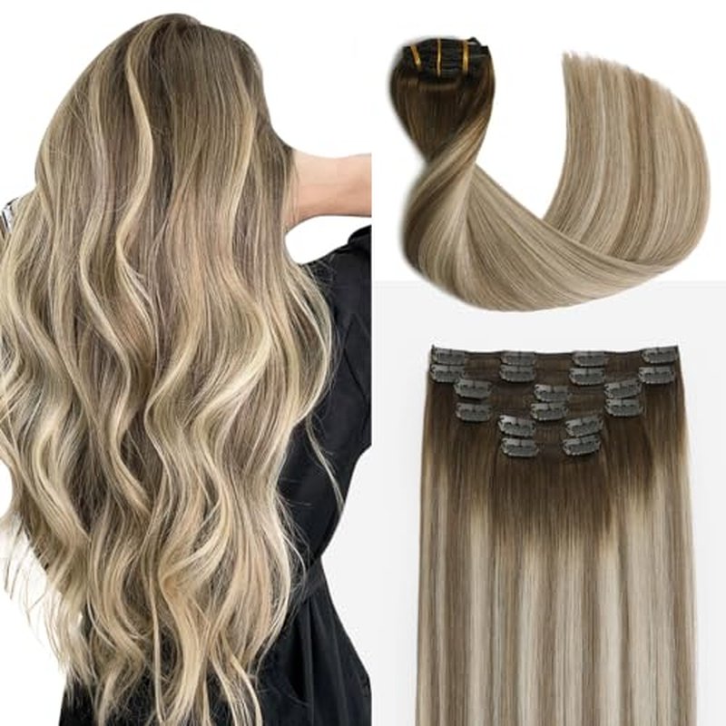 Sindra Clip in Hair Extensions Real Human Hair 18Inch Balayage Dark Brown Ombre Light Brown Blonde Hair Extensions Real Human Hair Clip ins Remy Straight For Woman 120G 6Pcs(clip#3/8/22 18inch)