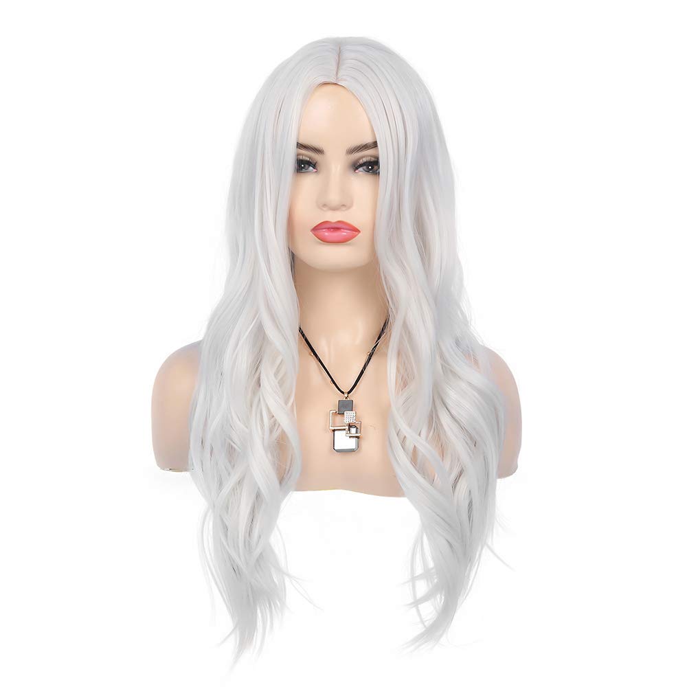 RicHyun Long Curly Wavy White Wig Middle Part Cosplay Wig Synthetic Heat Resistant Costume Halloween Wigs for Women Girls