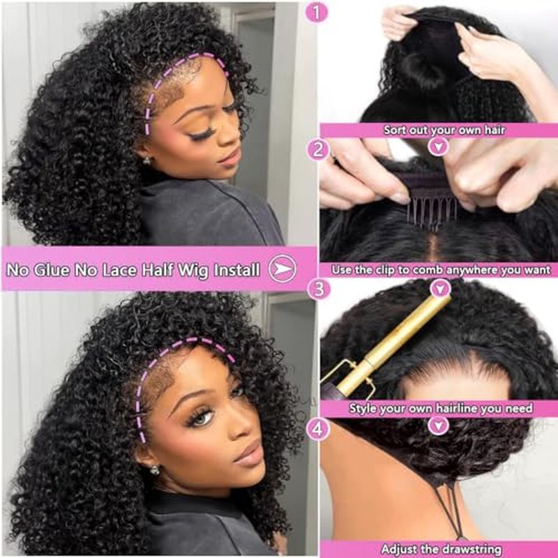 Half Wig Human Hair Afro Kinky Curly Wigs for Black Women 200 Density Glueless Wigs 100% Human Hair Ready to Go 3 In 1 Seamless Flip Over Drawstring Headband Wig for Women Clip in No Sew In 20 Inch
