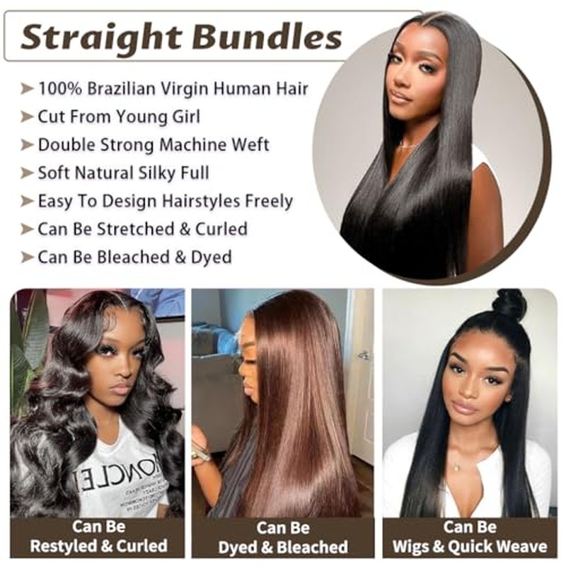 Human Hair Bundles 12A Straight Bundles Human Hair 100% Unprocessed Brazilian Virgin Hair 18 20 22 Inch Quick Weave Hair 3 Bundle Deals Hair Extensions Natural Black