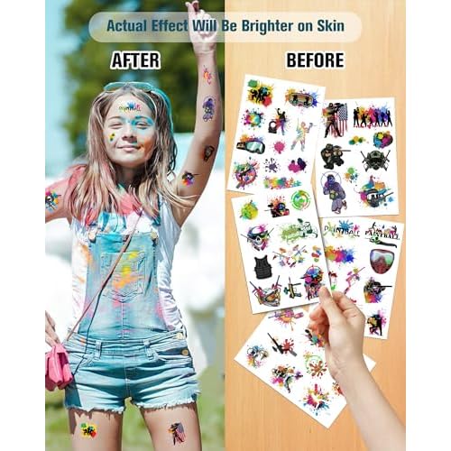 204Pcs Paintball Temporary Tattoos - Fun Kids Paintballs Tattoos Temporary Stickers Favors for Paintball Birthday Decorations, Paintball Party Supplies Class School Carnival