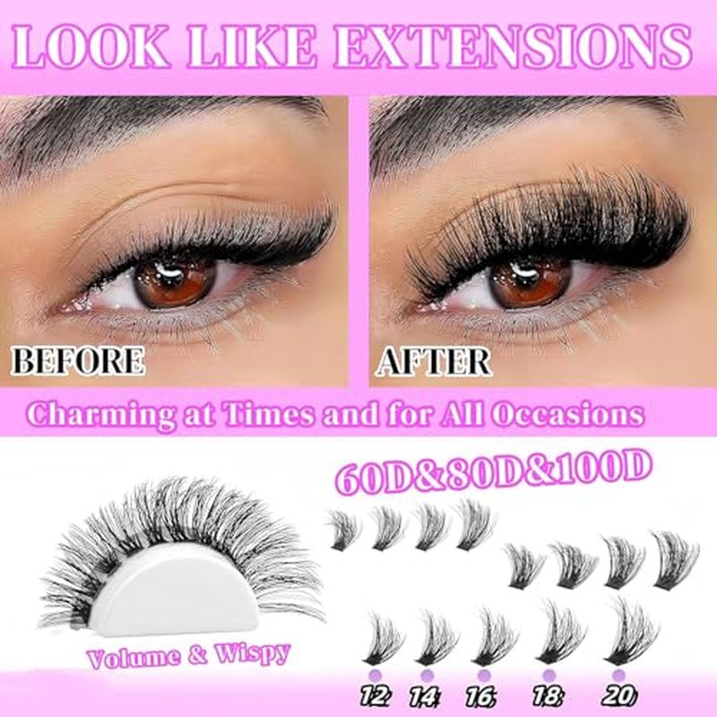 Lashes Clusters Kit Gift Packs 3 Styles 760Pcs with 2X Bond&Seal Volume Soft False Eyelash Extension 80D+100D D Curl Wispy Natural DIY Individual Fake Eyelashes Box for Beginners Bulk Pack