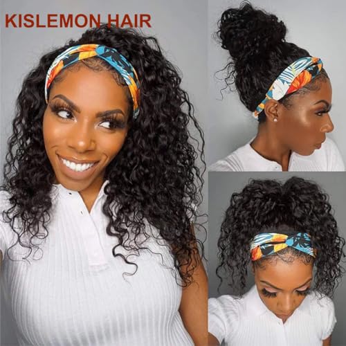 Short Headband Wigs for Black Women Water Wave Human Hair No Glue Curly Headband Wig Human Hair Curly Brazilian Virgin Hair 150% Density No Gel No Lace Wigs Natural Black Headband Wig (14inch)