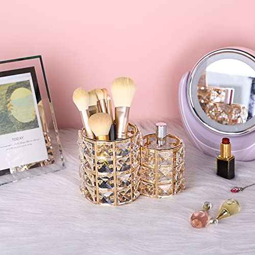 Hipiwe Makeup Brush Holder Gold Bling Crystal Makeup Brush Organizer Round Remote Control Holder Cosmetic Brush Tools Comb Pen Pencil Storage Pot Cup for Vanity, Office, Home Decor, 2-Slot