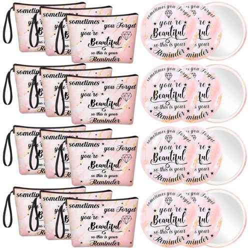 Xuniea 24 Pcs Inspirational Gifts for Women Bulk 12 Motivation Canvas Makeup Bags 12 Round Portable Pocket Mirror for Team Employee Coworker Housekeeping Appreciation Thank You Gifts(Beautiful)