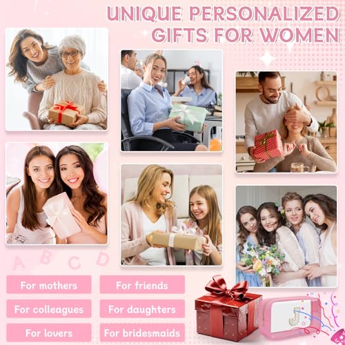 Personalized Initial Clear Makeup Bag, Travel Chenille Patch Cosmetic Bag, Preppy Toiletry Bag Monogram Cosmetic Pouch with Zipper, Ideal Gift for Teen Girls Women (Pink, J)