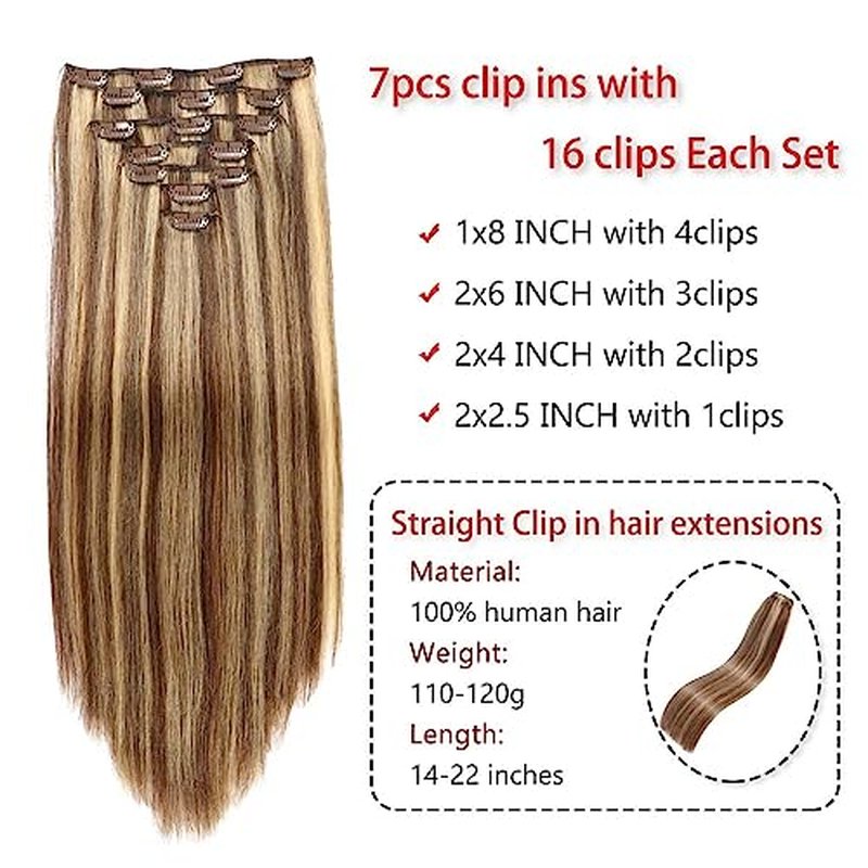 Straight Human Hair Clip in Extensions 22 Inch 120g 7pcs Clip in Hair Extensions Brazilian Remy Human Hair 16 Clips Double Weft Human Hair For Women (22 Inch, #4p/27 Medium Brown/Dark Blonde)