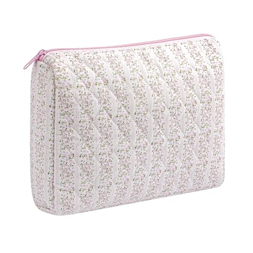 Large Travel Makeup Bag Cosmetic Bag for Women Girls, Cute Large Floral Cotton Cosmetic Bag, Zipper Toiletry Bag Makeup Brushes Accessories Organizer Storage Bag (Pink Floral)