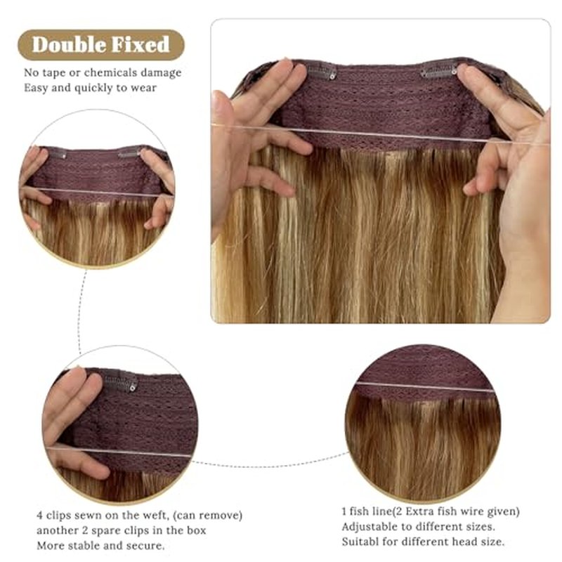 Ombre Halos Human Hair Extensions with Clip ins One Piece Hair Extensions with Secret Wire Dark Brown Balayage Light Brown with Ash Brown Secret Wire Hair Extensions 100G 22"