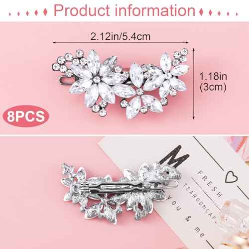 PAGOW Silver 8 Pcs Crystal Flower Hair Clips, Wedding Hair Accessories for Brides Women Girls, Rhinestone Flower Headpiece