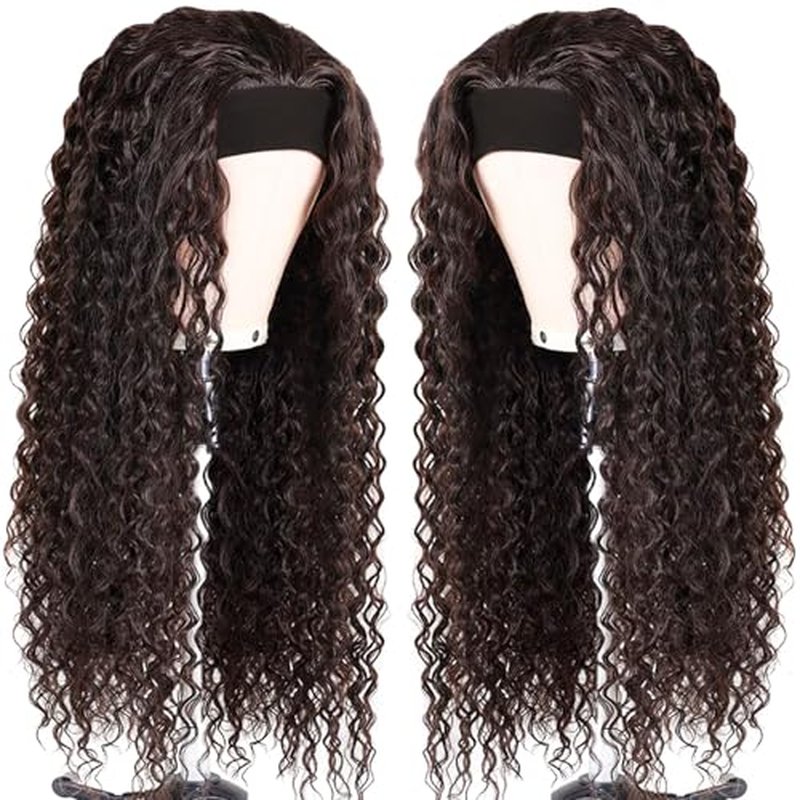 Headband Wig Human Hair Deep Wave Half Wigs Glueless None Lace Front Wigs with Headband Attached Brazilian Human Hair Headband Wigs Glueless Curly Hair for Black Women(24 Inch, Chocolate Brown)