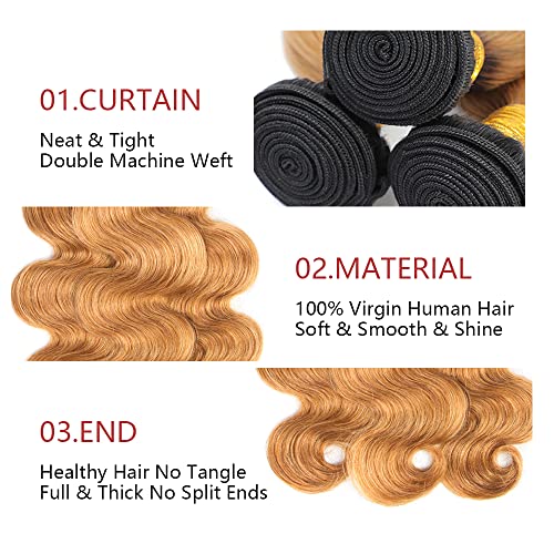 1B27 Ombre Body Wave Bundle Blonde Human Hair 3 Bundles 100% Unprocessed Virgin Hair Brazilian Double Weft Extensions Blonde Color 8 10 12 Inch For Women