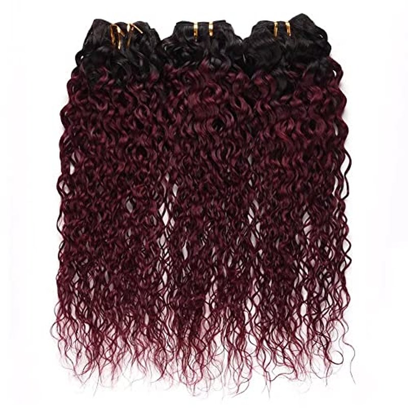 FEEL ME Ombre Brazilian Hair Weave Bundles Water Wave Human Hair Bundles 8A Mink Unprocessed Brazilian Water Wave Virgin Hair Bundles 3Pcs 1b/99j Black to Burgundy Ombre Hair Extensions(14 16 18)