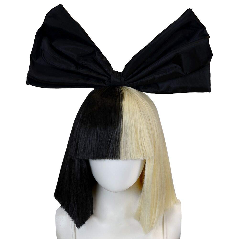 pureluca OFFICIALLY LICENSED Sia Costume Cosplay Wig Half Blonde Black 2 Tone Color Short Straight Bob Wig Synthetic Full Wigs with Big Bow Sia Style Wigs for Women Girls