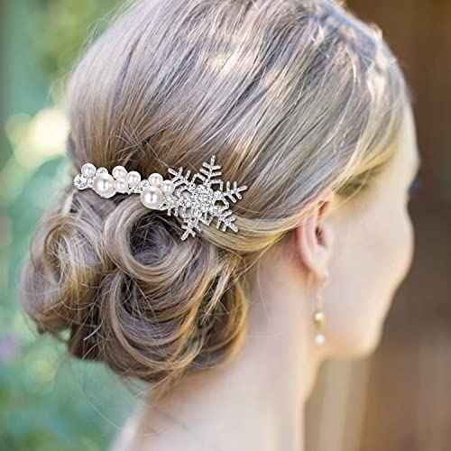 EVER FAITH Crystal Simulated Pearl Winter Snowflake Hair Side Comb Clear Silver-Tone