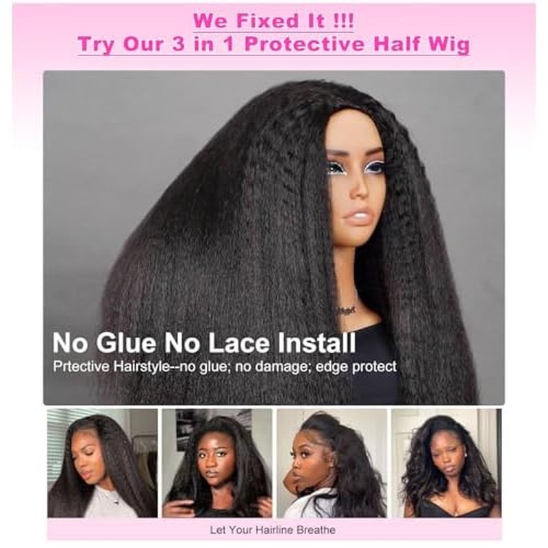 BGM GIRL Kinky Straight 3 in 1 Half Wig Human Hair Glueless Wear and Go No Lace Flip Over Wig With Adjustable Drawstring 180 Density Natural Look Wig For Women 16 Inch