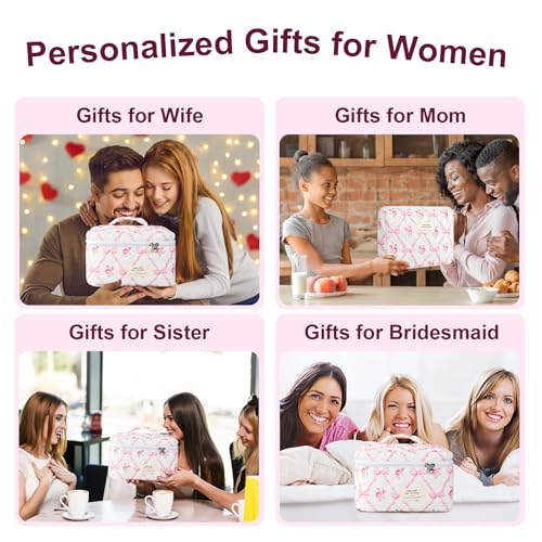 3Pcs Cotton Quilted Makeup Bag Large Travel Cosmetic Bag Coquette Makeup Pouch Cute Aesthetic Floral Toiletry Bag for Women Girls (flower-R)