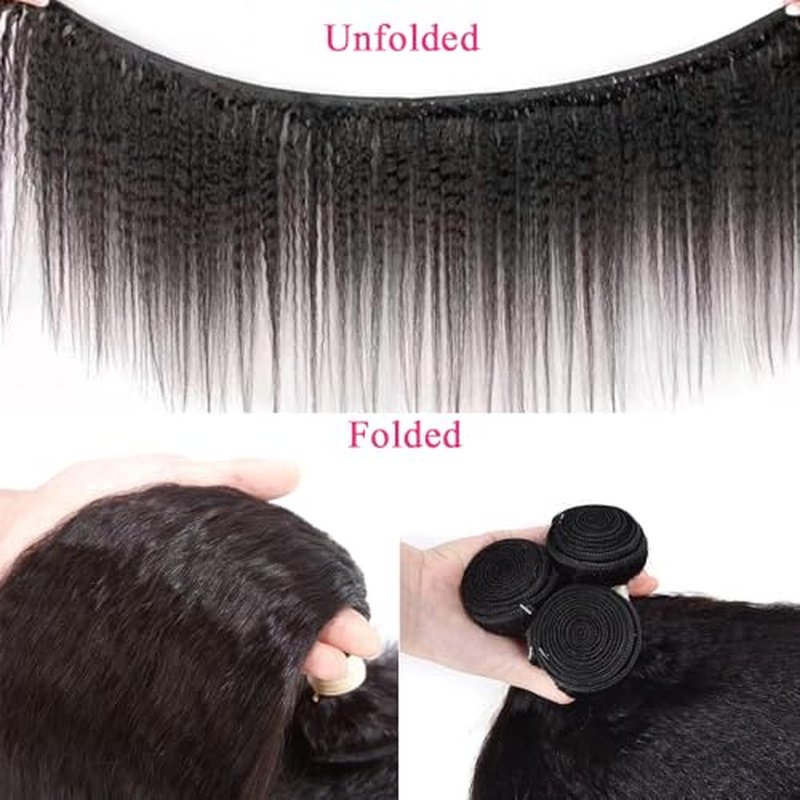 Kinky Straight Bundles with 2x6 Closure (16 18 20+14) 100% Unprocessed Yaki Straight 3 Bundles with Lace Closure Sew in Natural Color for Black Women