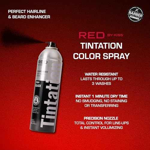 RED by Kiss Tintation Temporary Hair Color Spray, Extra Large Size, Instant Gray Root Cover Up, Water-Resistant, Smudge-Proof, Hairline & Barber Touch-Up, Quick Dry (Black, 11.5 OZ)