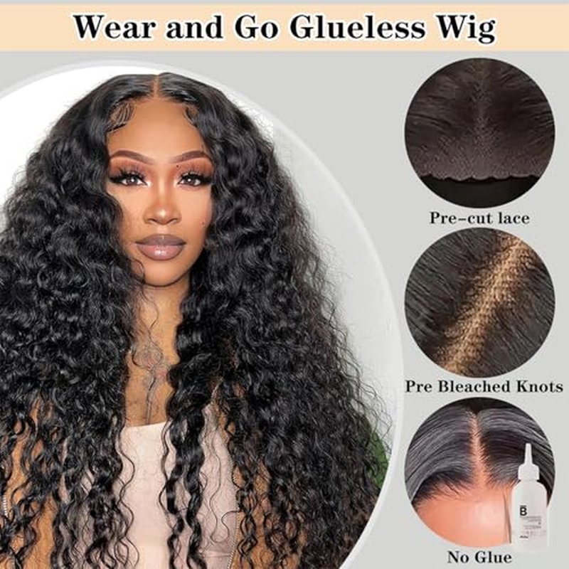 Wear and Go Glueless Wigs Human Hair Pre Plucked Pre Cut 5x5 HD Closure Wigs Human Hair Deep Wave Lace Front Wigs for Black Women 210% Dentisy 12A Deep Curly Glueless Wig Bleached Knots (22 Inch)