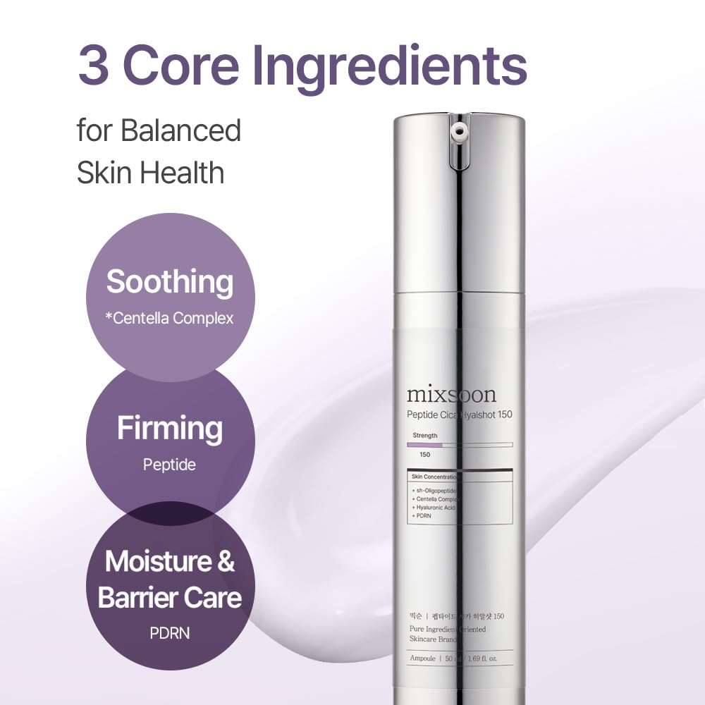 mixsoon Peptide Cica Hyalshot 150 - Firming, Soothing and Moisture-Boosting Ampoule Serum, Lightweight Formula for Radiant, Balanced Skin 50ml / 1.69 fl.oz. Korean Glass Skin Care
