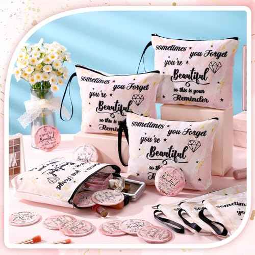 Xuniea 24 Pcs Inspirational Gifts for Women Bulk 12 Motivation Canvas Makeup Bags 12 Round Portable Pocket Mirror for Team Employee Coworker Housekeeping Appreciation Thank You Gifts(Beautiful)