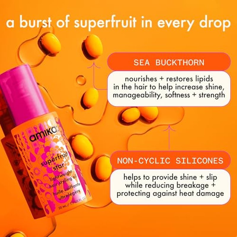 amika superfruit star lightweight hair styling + heat defense oil | heat protection, strengthen + reduce breakage, smooth frizz, add glossy shine | for all hair types