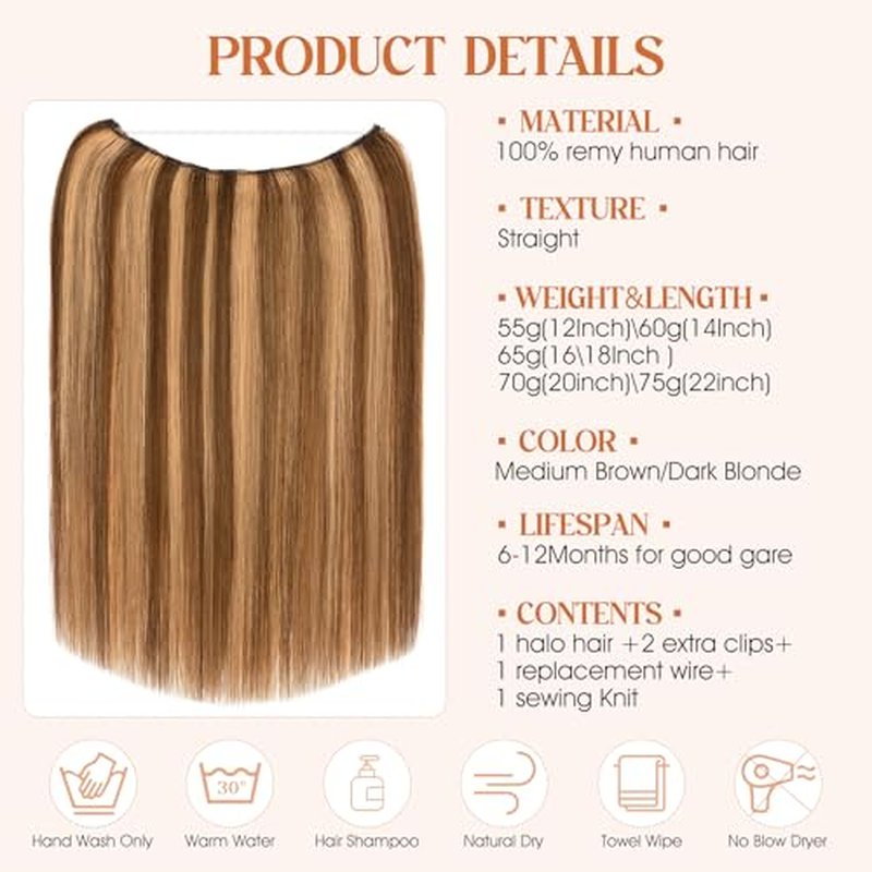 S-noilite Halo Hair Extensions Real Human Hair,Invisible Wire Hair Extensions with Adjustable Fish Line 2 Clips Halo Extensions for Women 18Inch 80G(Medium Brown/Dark Blonde)
