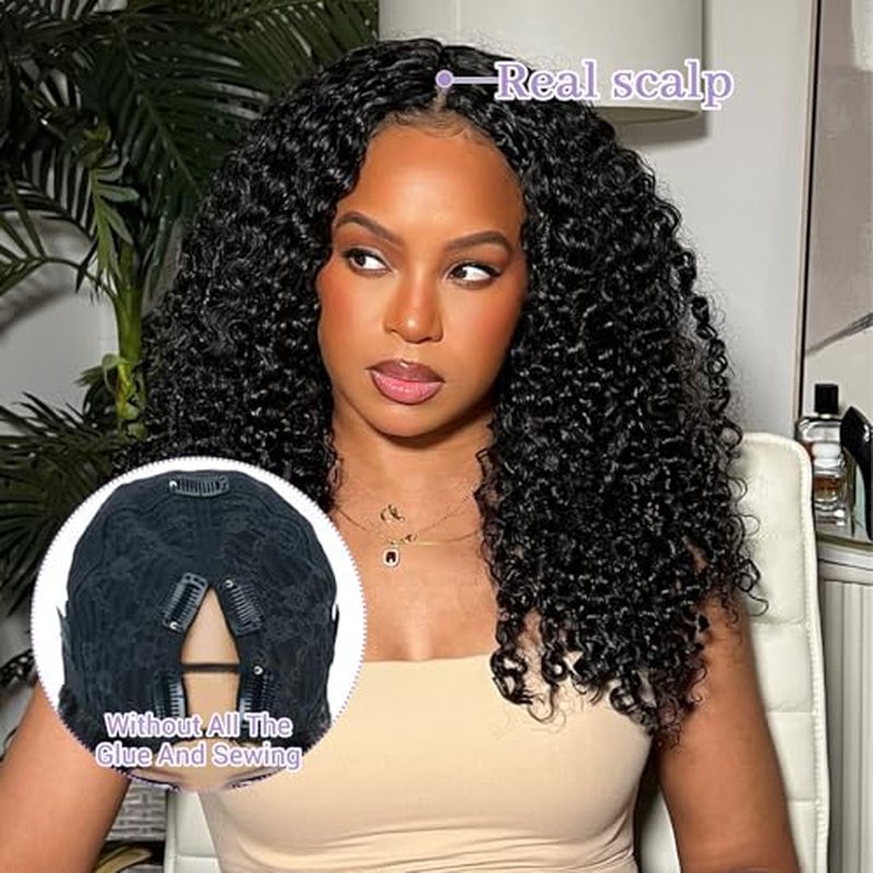 Kinky Curly V Part Wig Human Hair Glueless Clip In 100% Real Human Hair Curly V part Wigs No Glue No Sew In Upgrade U Part Wig For Beginners Friendly 200 Density 18 Inch