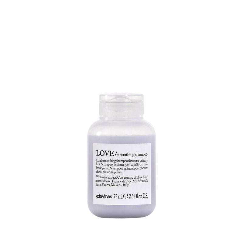 Davines LOVE Smoothing Shampoo, Taming Anti-Frizz Gentle Cleansing Action for Wavy, Unruly, Coarse Hair - Gives Shine, Elasticity, Softness & Sleek Look with Olive Extract, Travel Size, 2.54 Fl Oz