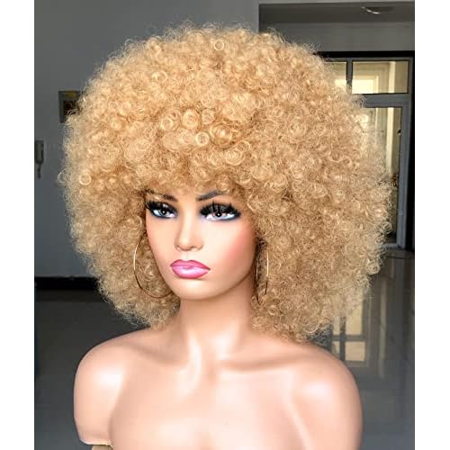 Short Afro Wig with Bangs for Black Women Afro Kinky Curly Wig 70s Premium Synthetic Big Afro Wigs(Blonde,Cap size:22.5-23inch)