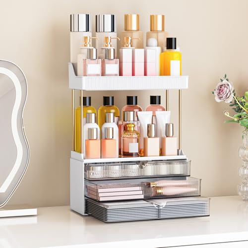 Bathroom Organizers and Storage - 3 Drawers 2 Tier Makeup Organizer, Cosmetic Storage Drawer for Dresser Countertop and Bathroom Vanity for Large Skincare, Perfume, Grey