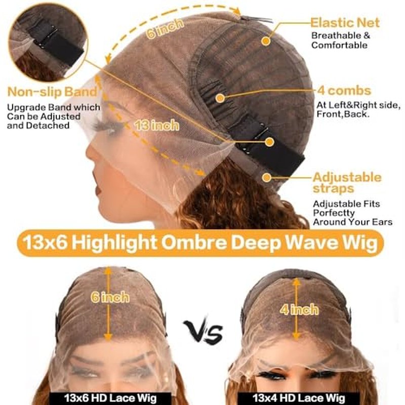 Ombre Highlight Deep Wave Lace Front Wigs Human Hair 4/27 Colored Pre Plucked 13x6 HD Transparent Lace Frontal Wigs Honey Blonde Curly Wig for Women 180% Density Glueless Wig with Baby Hair 26 Inch