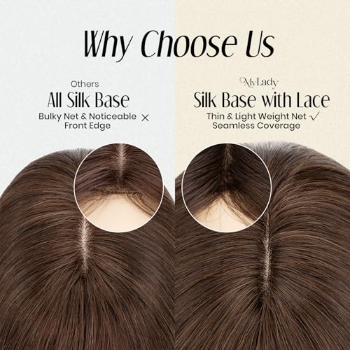 MY-LADY Human Hair Toppers for Women Real Human Hair with Bangs Thin 7 * 13CM Silk Base with Lace Clip in Remy Hairpieces 150% Density 14 Inch Chocolate Brown