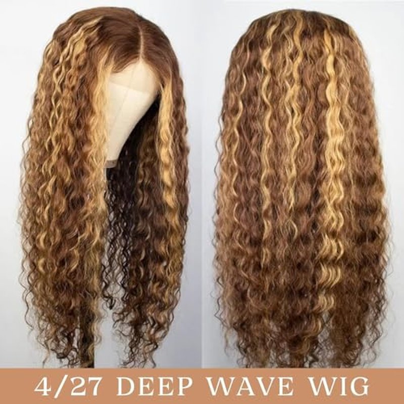 Ombre Highlight Deep Wave Lace Front Wigs Human Hair 4/27 Colored Pre Plucked 13x6 HD Transparent Lace Frontal Wigs Honey Blonde Curly Wig for Women 180% Density Glueless Wig with Baby Hair 26 Inch