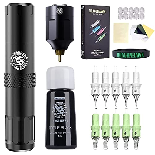 Dragonhawk S6 Tattoo Pen Kit, Rotary Tattoo Machine Coreless Motor Power by Mcore-C1, Tattoo Cartridges Needles Supply Kits for General Artists