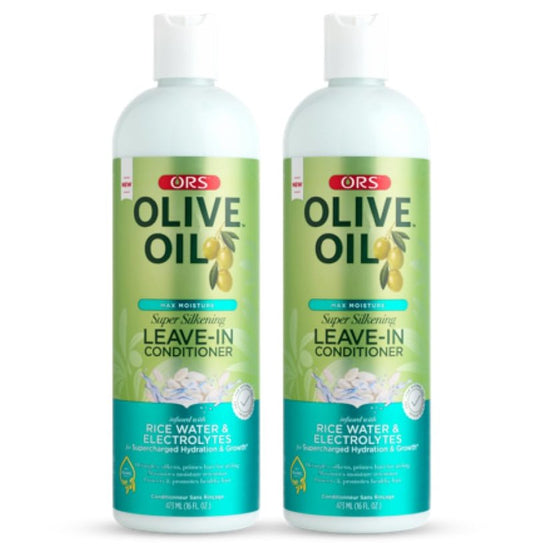 ORS Olive Oil Max Moisture Leave-In Conditioner with Rice Water and Electrolytes for Supercharged Hair Hydration 16.0 Ounce (Pack of 2)