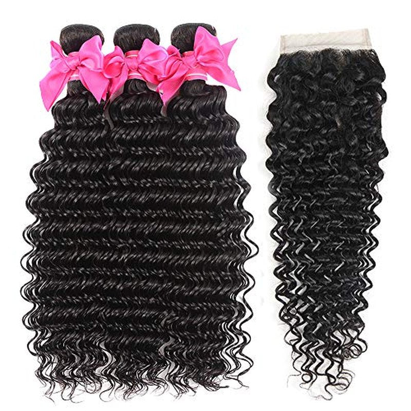 Aatifa 9A Brazilian Deep Wave 3 Bundles Human Hair with 4X4 Free Part Lace Closure Unprocessed Virgin Deep Wave Bundles Hair Natural Color, lace closure, (24/26/28+20 Inch)