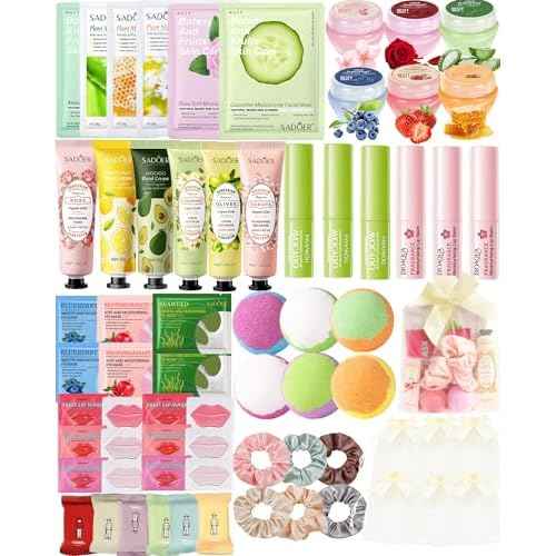 60 PCS Spa Party Supplies for Girl,Spa Party Favors kits Include Face Masks Skincare,Hand Cream, Lip Balm,Under Eye Patches,Lip Mask,Foot Bath Bombs,Women Ideal Gift Bulk Birthday Sleepover Spa Party