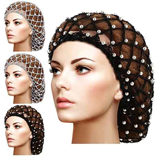 MTLEE 4 Pieces Snoods for Women Hair Net Pearl Crochet Mesh Hairnet Mesh Rayon Knit Hair Wrap Cover for Sleeping