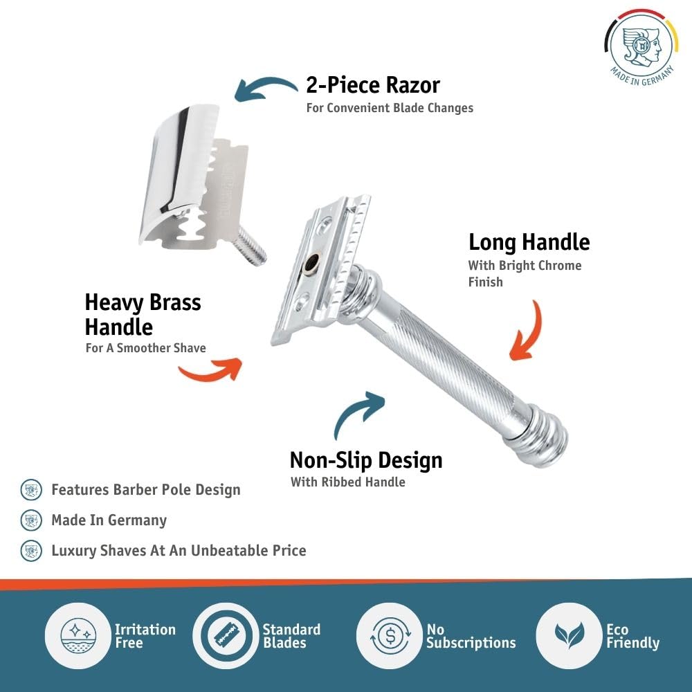 Merkur 38C Double Edge Safety Razor | Chrome Finish, Extra Large Grip, Eco-Friendly Design