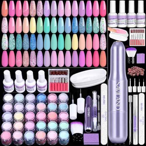 SAVILAND Dip Powder Nail Kit with Drill: 30 Colors Mermaid Dip Nails Powder Starter Kit Dip Powder Liquid Set Dip Base & Top Activator Brush Saver All-in-1 Dip Nail Kit French Nail Art Manicure Salon