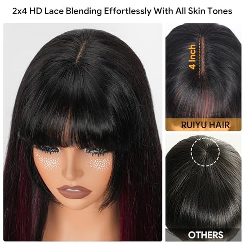 Ruiyu 1B/99J Burgundy Human Hair Wig with Bangs Balayage 2x4 HD Lace Closure Front Burgundy Highlight Straight Bang Wig Straight Wear and Go Glueless 100% Brazilian Human Hair for Women 16 Inch