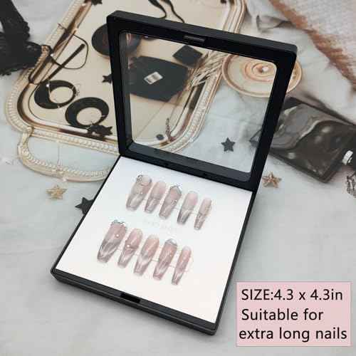 Press On Nail Packaging Boxes - 3D Floating Storage and Display Box With 60pcs Double Sided Adhesive Tape for Nail Tech (Black, 4.3 Inch)